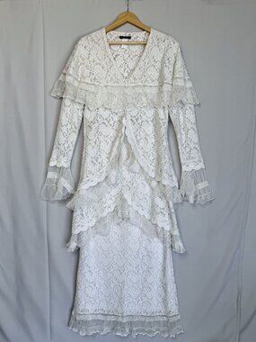 90s Vintage Design Today's White Stretch Lace Tunic Maxi Skirt Cord Set Large
